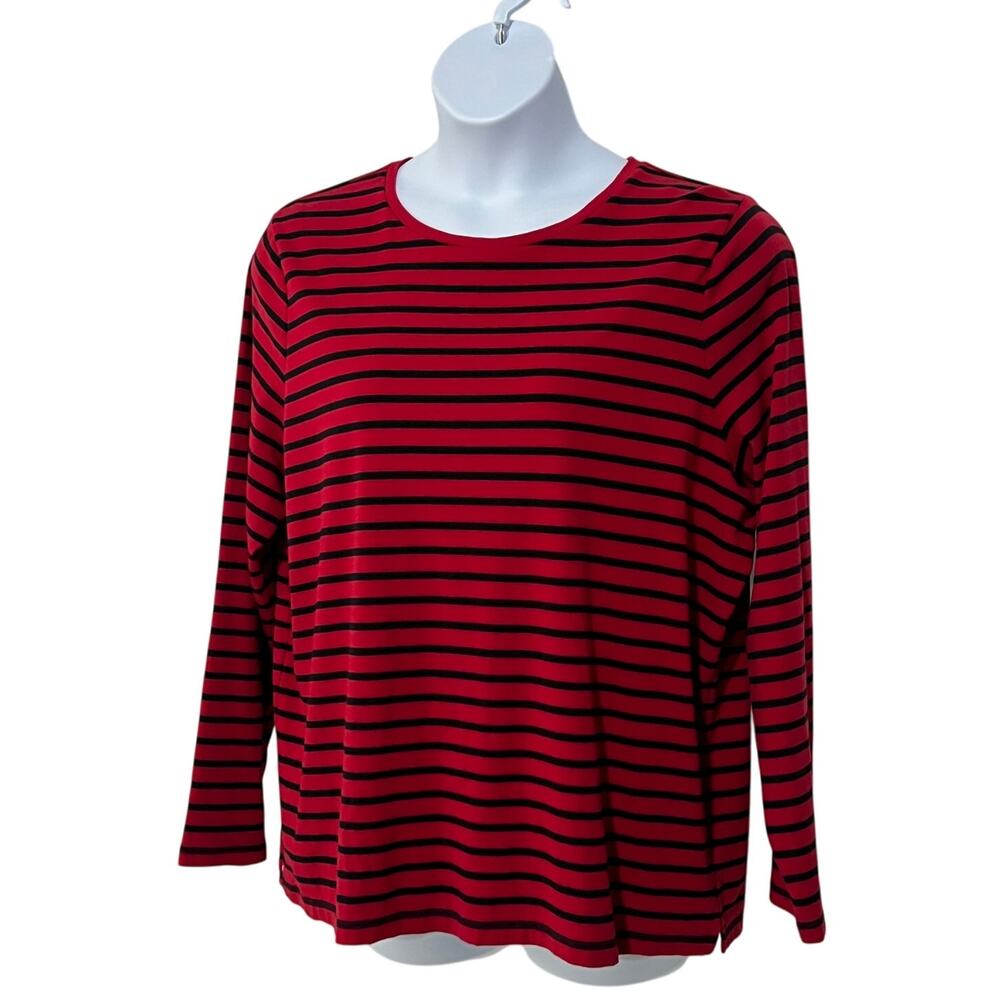 LAUREN RALPH LAUREN WOMENS PLUS 2XLARGE COTTON STRETCH STRIPE T-SHIRT RED BLACK